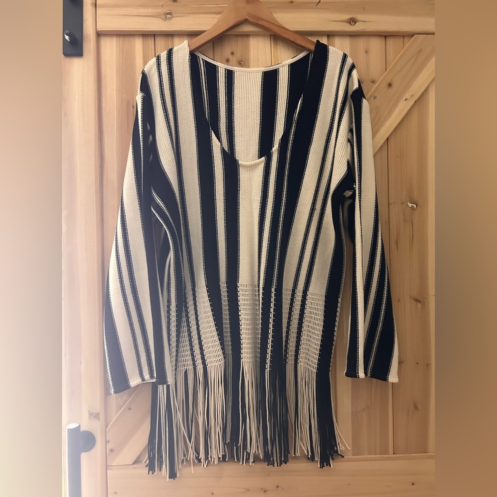 H&M Black & Cream Striped Fringe Knit Poncho Sweater - Picture 3 of 4